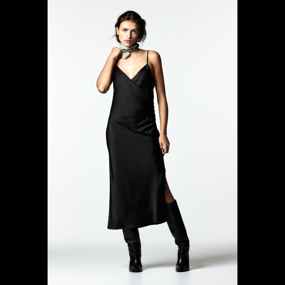 ZARA BLACK 100% VISCOSE SILKY LINGERIE DRAPED SLIP DRESS NWT SMALL